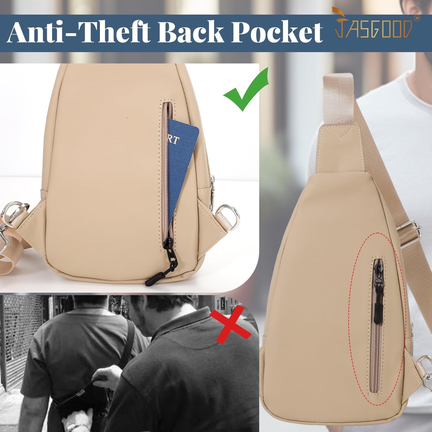 JASGOOD Sling Bag for Men Women - Crossbody Faux Leather Fanny Pack, Waterproof Chest Bag Backpack for Travel, Hiking - Khaki