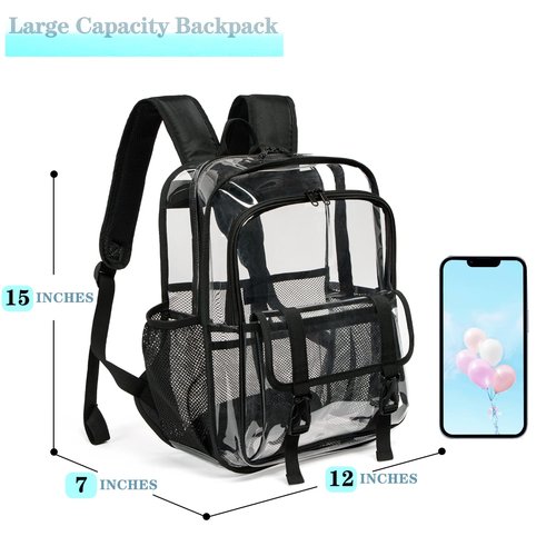 KUI WAN Clear Backpack, 15 inch Heavy Duty See Through Backpack for Boys and Girls Clear Book Bag with Multi-pockets