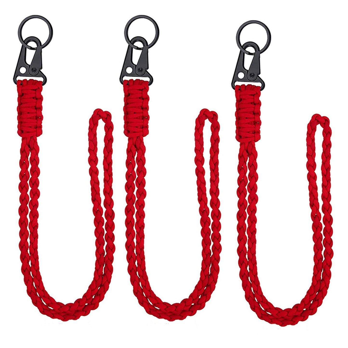 3Pcs Heavy Duty Paracord Lanyard Necklace Whistles Strap Braided 550 Keychain Lanyard for Outdoor Survival, Parachute Rope Bracelet with Key Ring for ID Card Badge Holder, Camera, Keys (Red)
