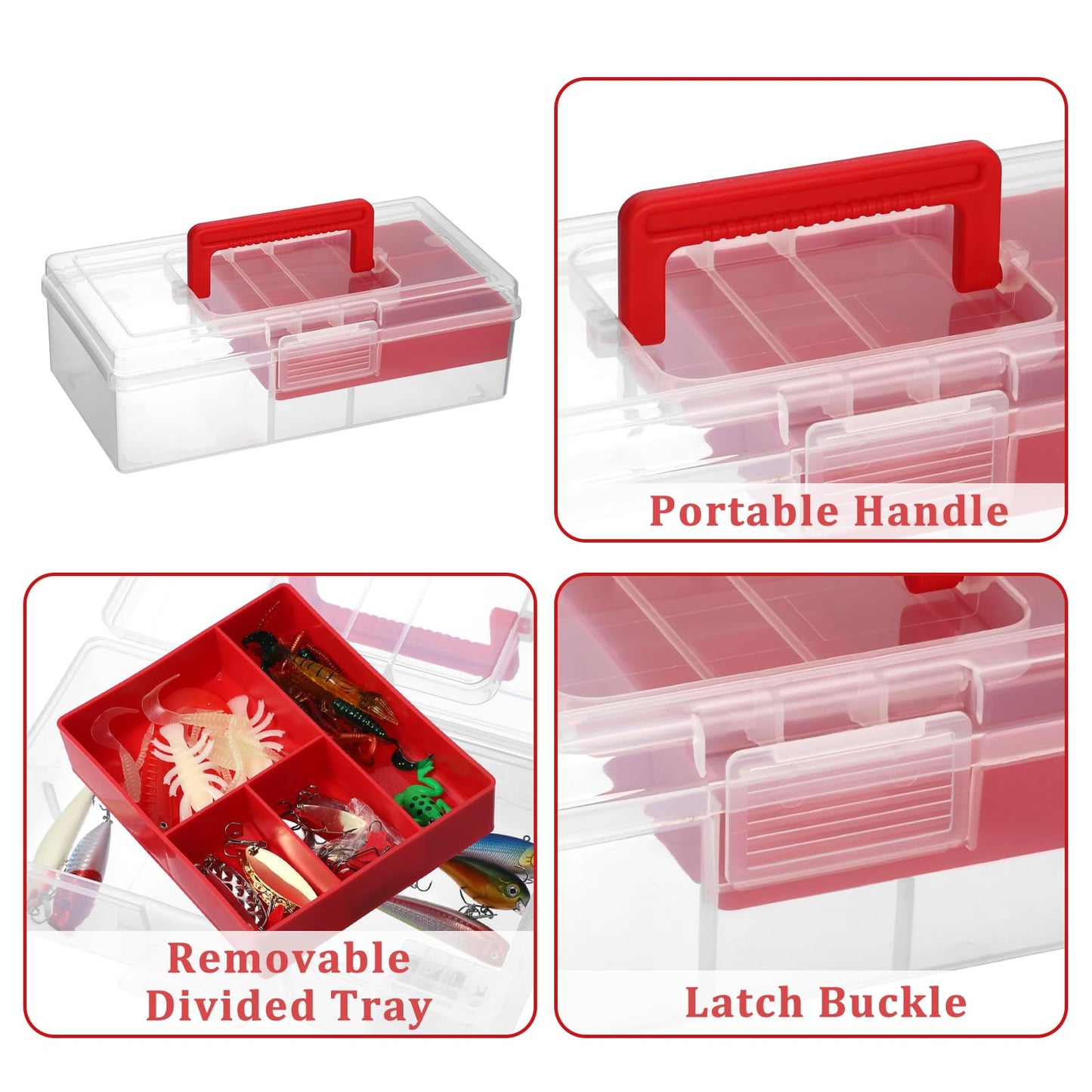 JUXYES Plastic Fishing Tackle Box Organizer with Removable Dividers, Clear Fishing Tackle Storage Boxes with Handle, 2 Layer Fishing Tackle Tray Box Lure Box, Red