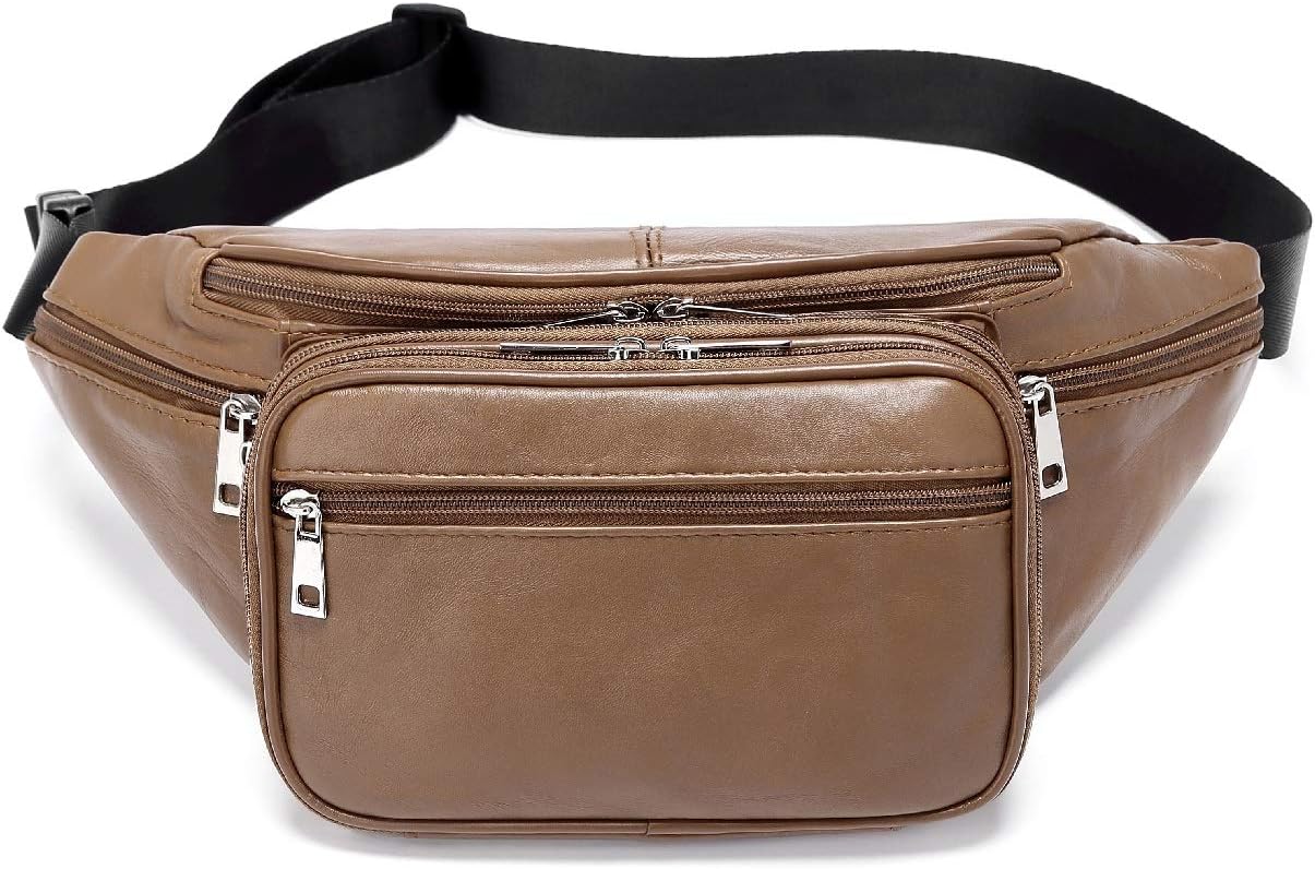 Genuine Leather Large 7 Pocket Waist Pack with Organizer, Card Slots (Black)