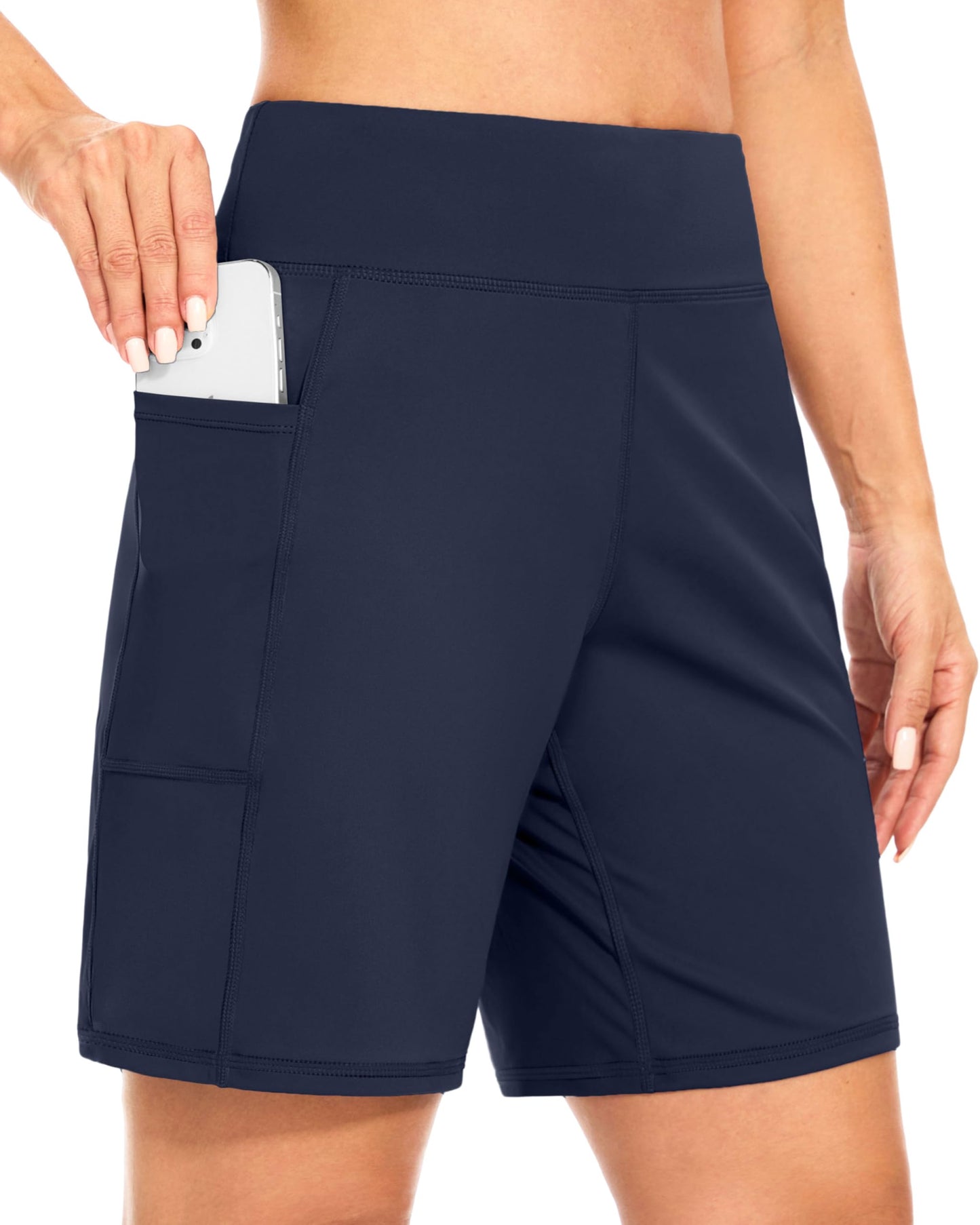 Blouty Women's 7" Bermuda Shorts with Pockets High Waisted Stretch Athletic Long Shorts for Women Workout Casual (Navy, Large)