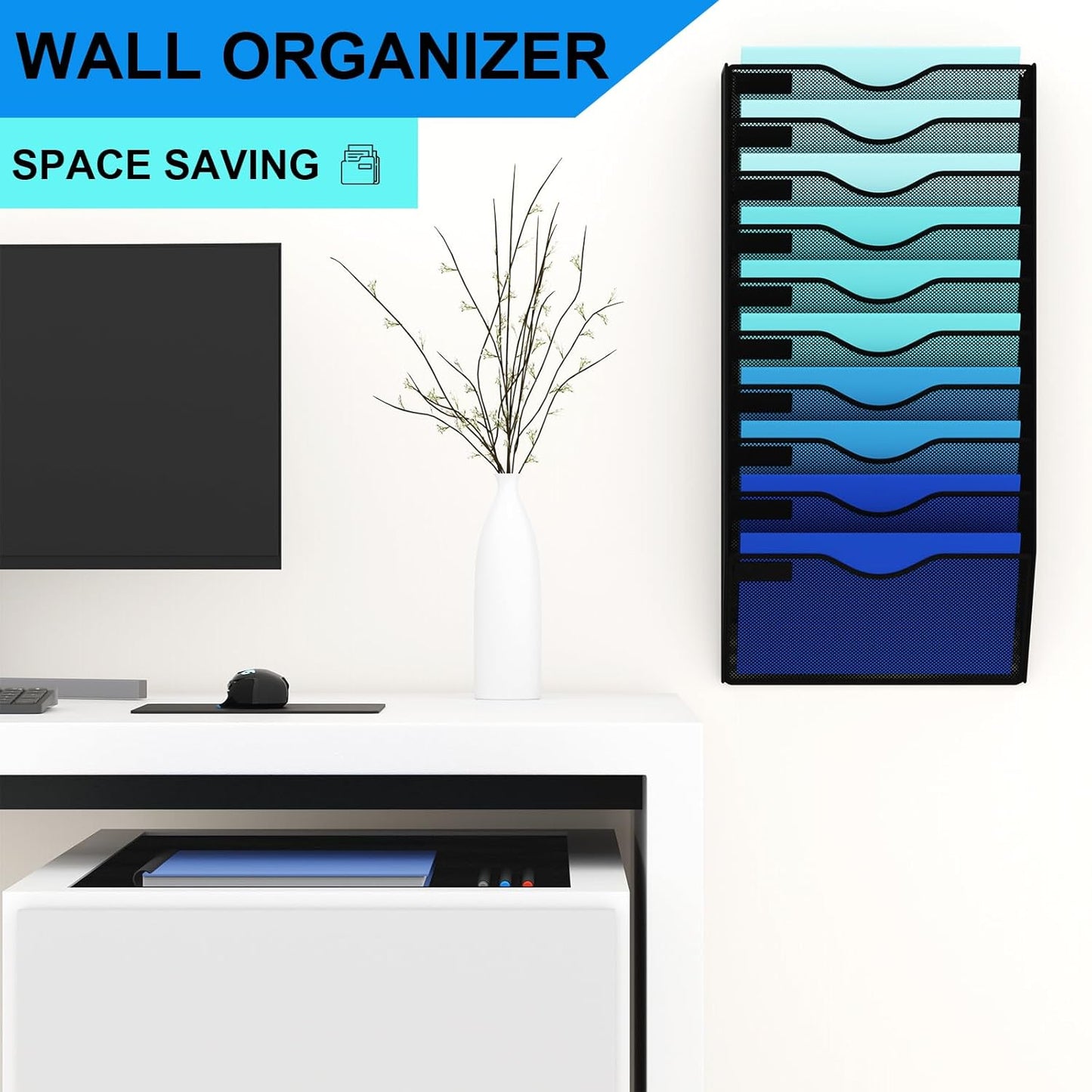 5 Pockets Mesh Hanging Wall File Holder Organizer Wall Mounted Paper Magazine Rack, Black