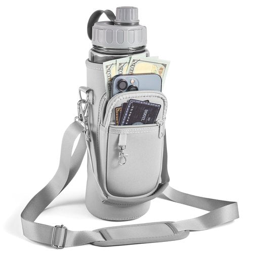 Noxgifix Water Bottle Holder with Strap,Water Bottle Bag,32/40 oz Large Capacity,Adjustable Shoulder Hand Strap,2 Phone Pocket Water Bottle Holder,Water Bottle Accessories for Camping Running Walking