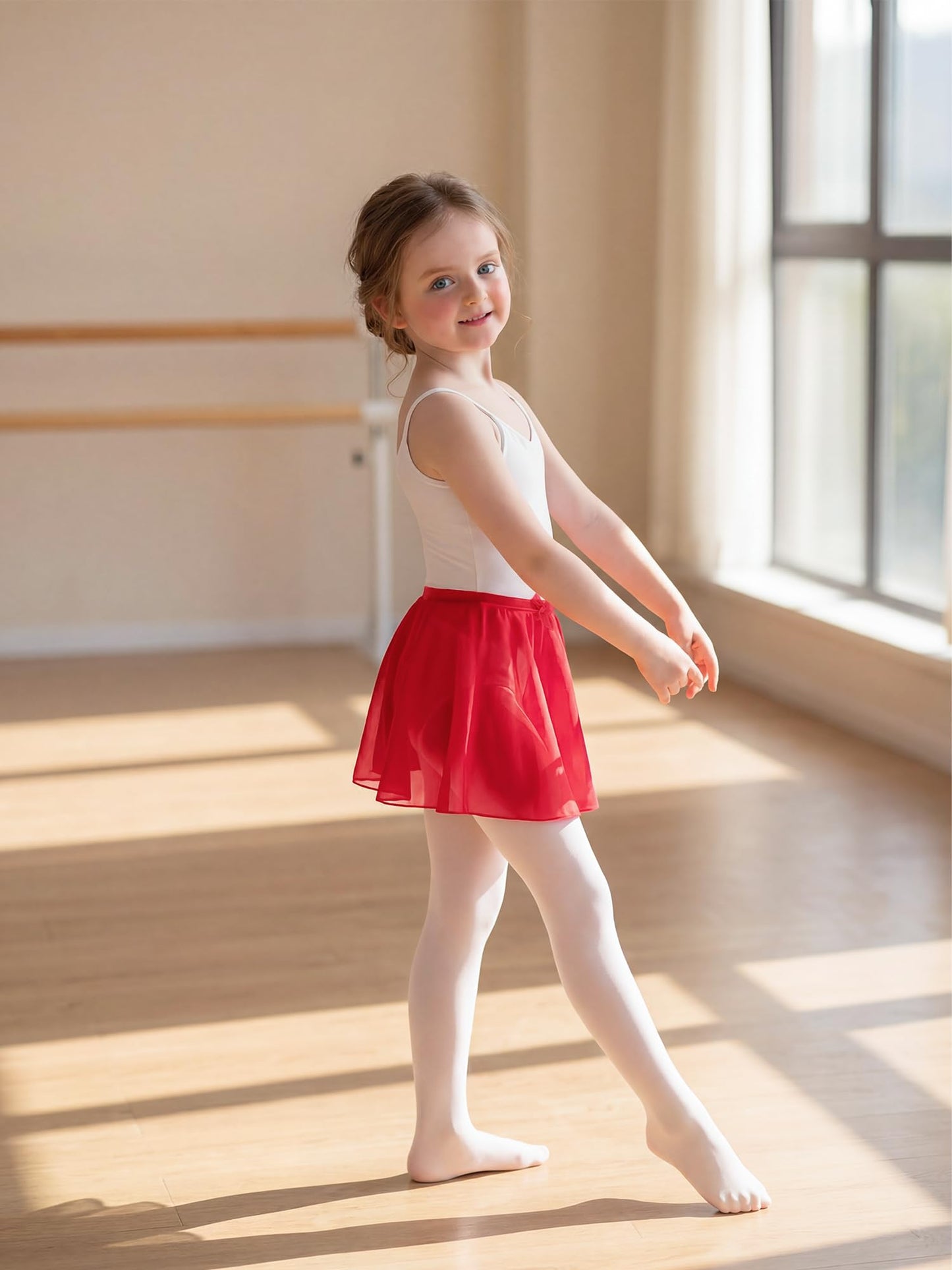 Stelle Girls Ballet Skirt, Chiffon Dance Skirt for Girls with Mesh Bowknot, Elastic Waist Pull-on Skirts for Ballet (Red,6-7Years)