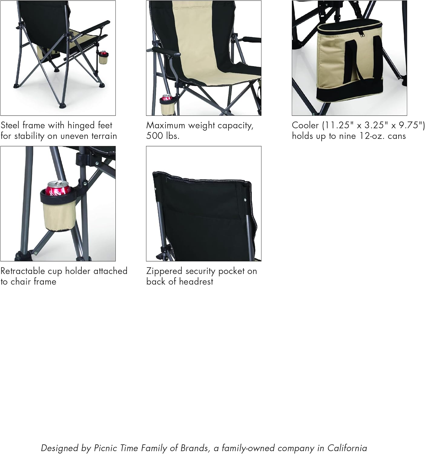 PICNIC TIME Outlander XL Heavy Duty Folding Camping Chair with Insulated Cooler, Oversized Portable Lawn, Beach & Camp Chair with Cup Holder, Storage Pocket, Carry Bag, 400 lb Capacity (Black)