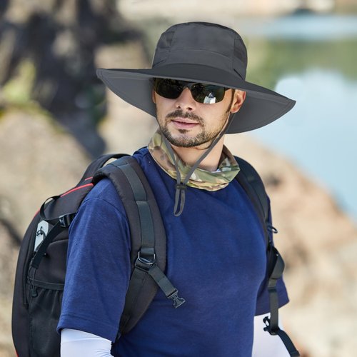 Sun Hat for Men/Women, UPF 50+ Fishing Hat,Waterproof Wide Brim Bucket Hat Foldable Boonie Hat for Hiking Garden Safari Beach Dark Grey