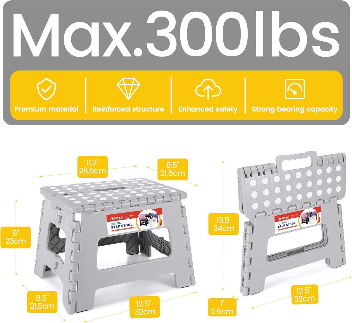 ACSTEP Folding Step Stool Foldable Stool 7.5 Inch Height Kids Step Stool, 300 lb Capacity Plastic Collapsible Stool, Stepping Stool with Handle Black Small Step Stool, Foot Stool Suitable for Kitchen