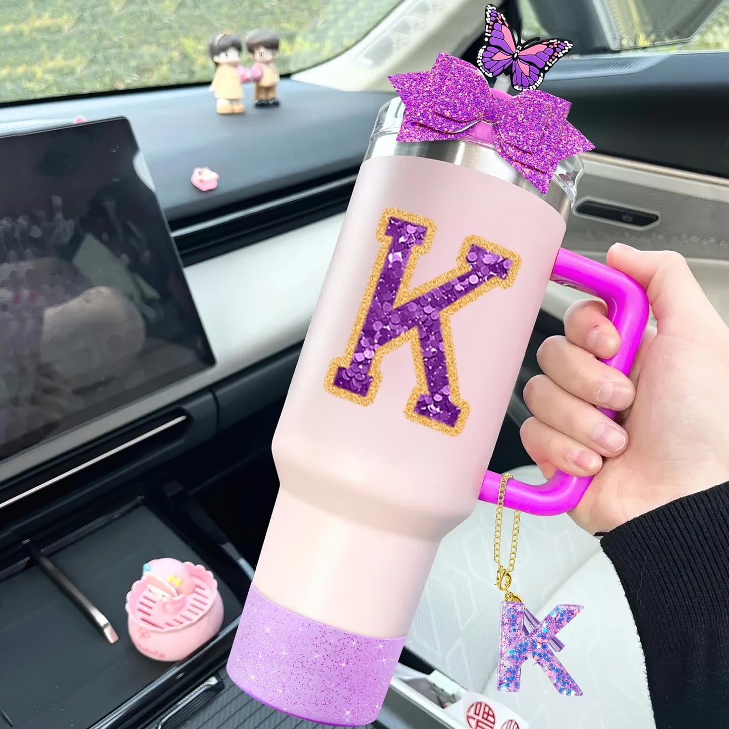 7Pcs Purple Stanley Cup Accessories Set for Stanley Cup 30&40 Oz Tumbler - Silicone Straw Cover Cap and Boot, Letter Charm for Handle, Spill Proof Stopper, Bow straw Decoration, Initial Sticker(K)