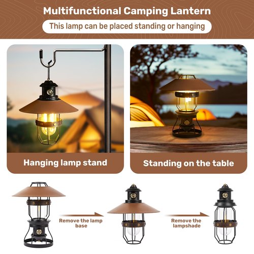 Metal LED Ambient Camping Lantern, 2 in 1 Newest Hanging Standing Camping Lamp, 3500mAh Rechargeable Retro Lantern, Dimmable Ambient Table Lamp with Leather Lampshade for Courtyard Outdoor Decoration
