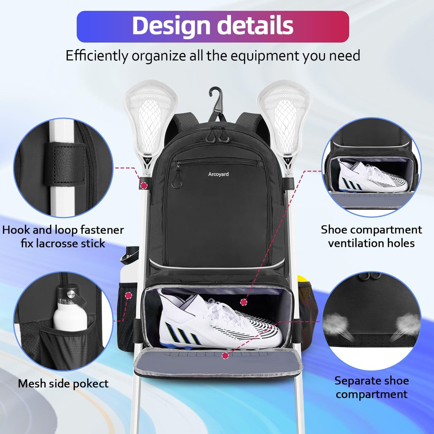 Arcoyard Extra Large Lacrosse Backpack with 2 Stick Holders, Professional Lacrosse Bag with Ventilated Cleats Compartment and Insulated Pocket, for All Lacrosse or Field Hockey Gear, Black