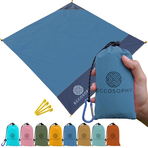 ECCOSOPHY Sand Proof Beach Blanket - Waterproof Picnic Blanket 60x55-Outdoor Compact Pocket Blanket-Lightweight Ground Cover for Hiking, Camping, Festivals, Sports, Travel-with Bag & Stakes (Denim)
