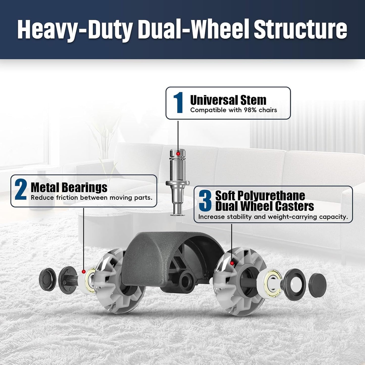 Mastery Mart Office Chair Caster Wheels for Hardwood Floors, Heavy Duty and Quiet Smooth Rollerblade Wheels for Office Chair, Universal Size (11x22mm), Suitable for Most Chairs