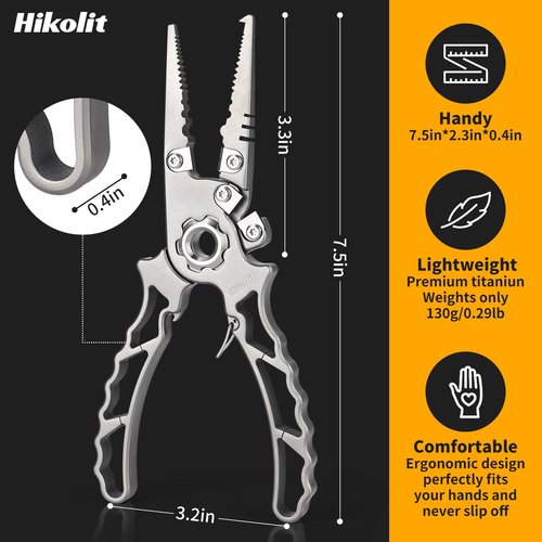 Hikolit Titanium Fishing Pliers Saltwater, Corrosion Resistant Fishing Pliers Hook Remover with Double Tungsten Cutters, Fishing Gear as Split Rings Pliers, Fishing Gifts for Men