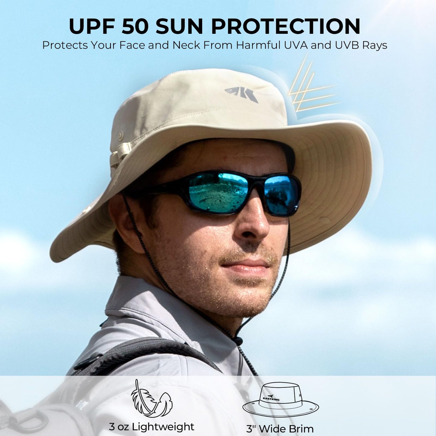 KastKing Shade Trekker Boonie Hat,UPF 50+ Protection,Water-Repellent,Adjustable Snap Brim Fishing Hat,Khaki