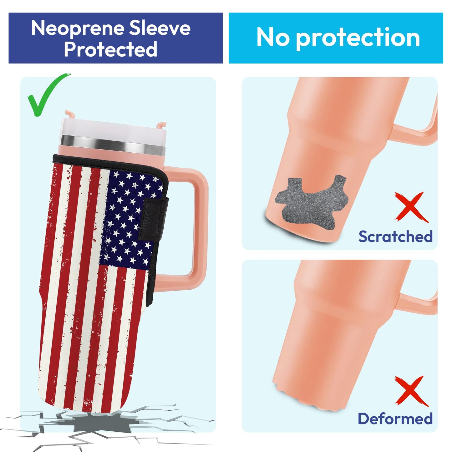 HYTURTLE Neoprene Insulator Sleeve American Flag Printed 40oz Cup With Handle, Accessories For 40oz Tumbler With Handle - 40oz Cup Protector - Easy Clean - Gifts For Patriot