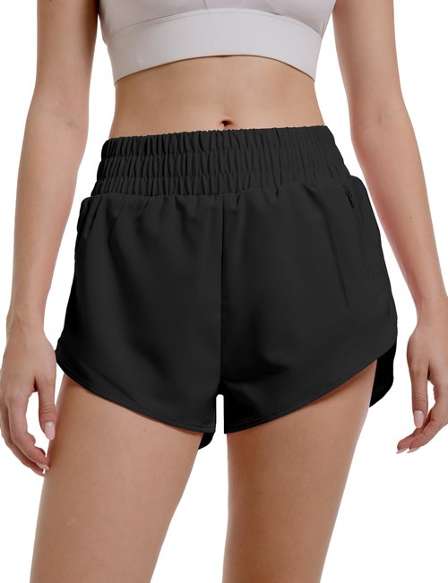 Womens Athletic Running Shorts Quick Dry Workout High Waisted Active Short with Zipper Pocket Sport Layer Gym Liner Elastic Lightweight Yoga Soft Split Leg Casual Walking Outfits Fall Black
