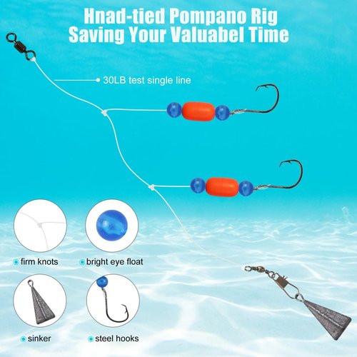 CWSDXM Pompano Rigs for Surf Fishing Saltwater Floats Catfishing Pompano Fishing Rigs with Double Circle Hooks and Pyramid Sinker 5pcs