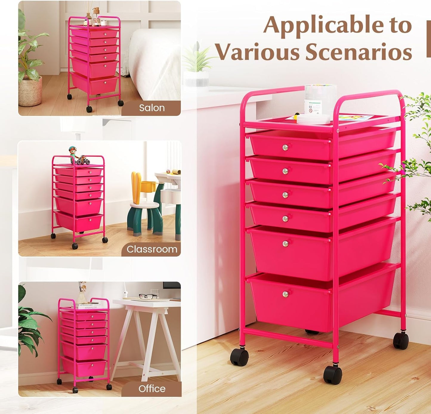 RELAX4LIFE 6-Drawer Rolling Storage Cart - Classroom Organization on Wheels w/Removable Plastic Drawers, Mobile Art Craft Cart for School Paper Home Office, Utility Cart with Drawers (Macaron)