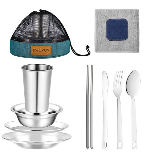 Camping Mess Kit - for Camping 1 to 2 Person boy Scout Camp Dishes Camping Cooking Utensils Accessories Plates Dinnerware Set Outdoor (1 Person Set Green)