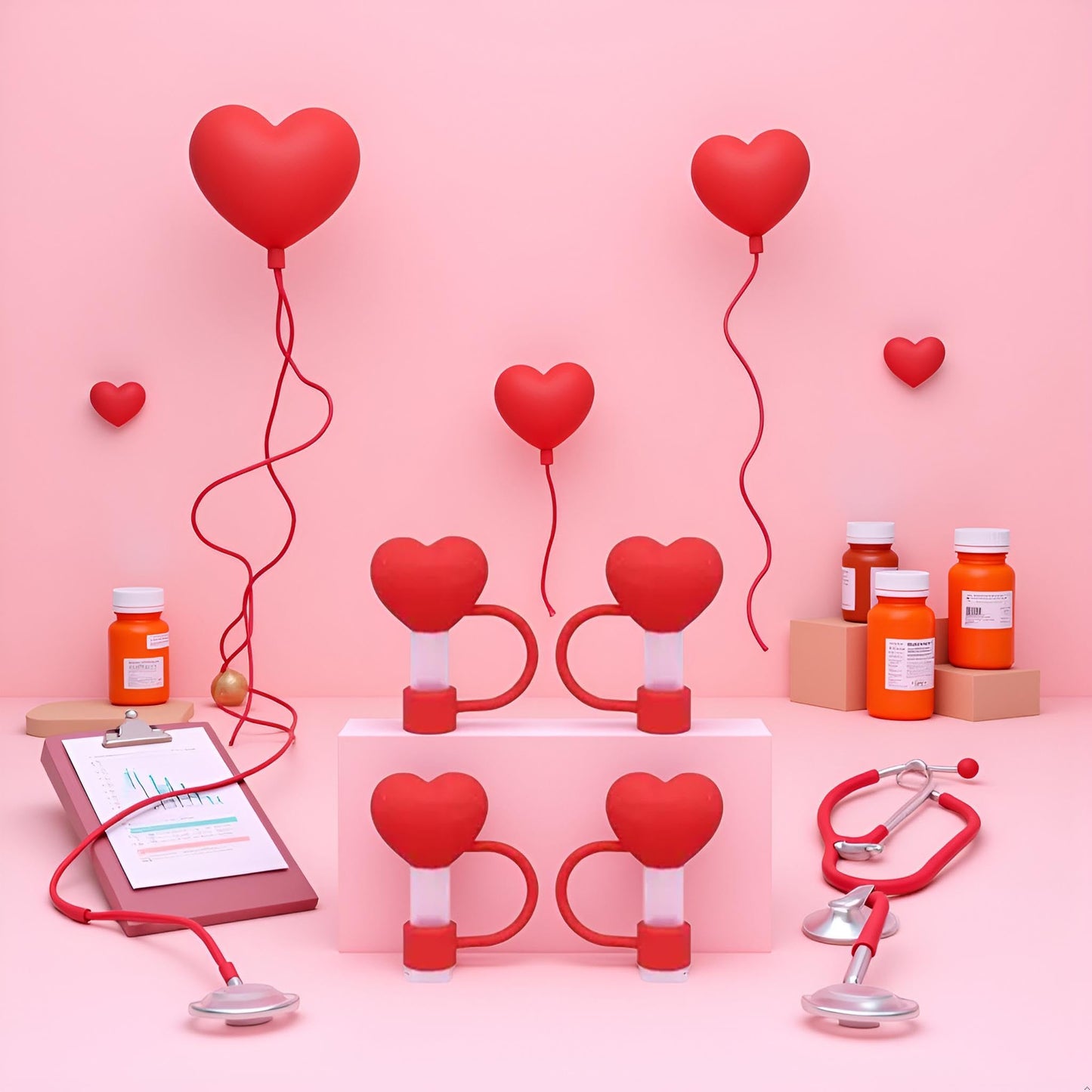 4PC Red Heart Straw Cover for Stanley 40&30 Oz Cup, 10mm Silicone Straw Covers Cap for Stanley Cup Accessories, Cute Topper for Tumblers, Cap Stopper for Reusable Straws Tip Lids