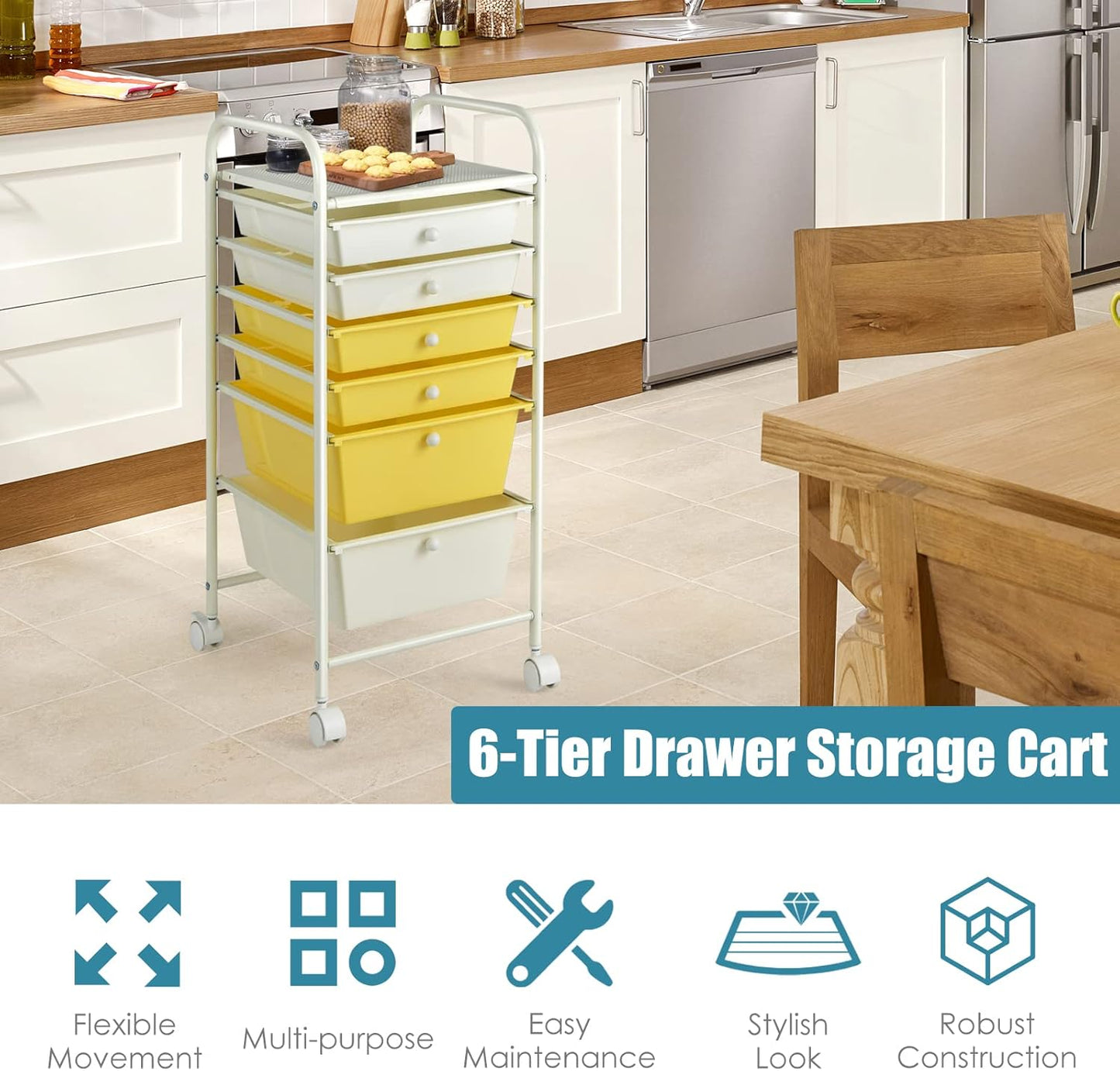 RELAX4LIFE 6-Drawer Rolling Storage Cart - Classroom Organization on Wheels w/Removable Plastic Drawers, Mobile Art Craft Cart for School Paper Home Office, Utility Cart with Drawers (Macaron)