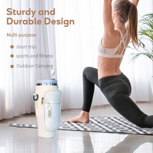 DOVO Water Bottle Carrier Bag with Pocket for Stanley 40 oz Tumbler Neoprene Water Bottle Holder Pouch with Adjustable Strap Bollus with Straw Cover & Letter Charm for Stanley Cup Accessories