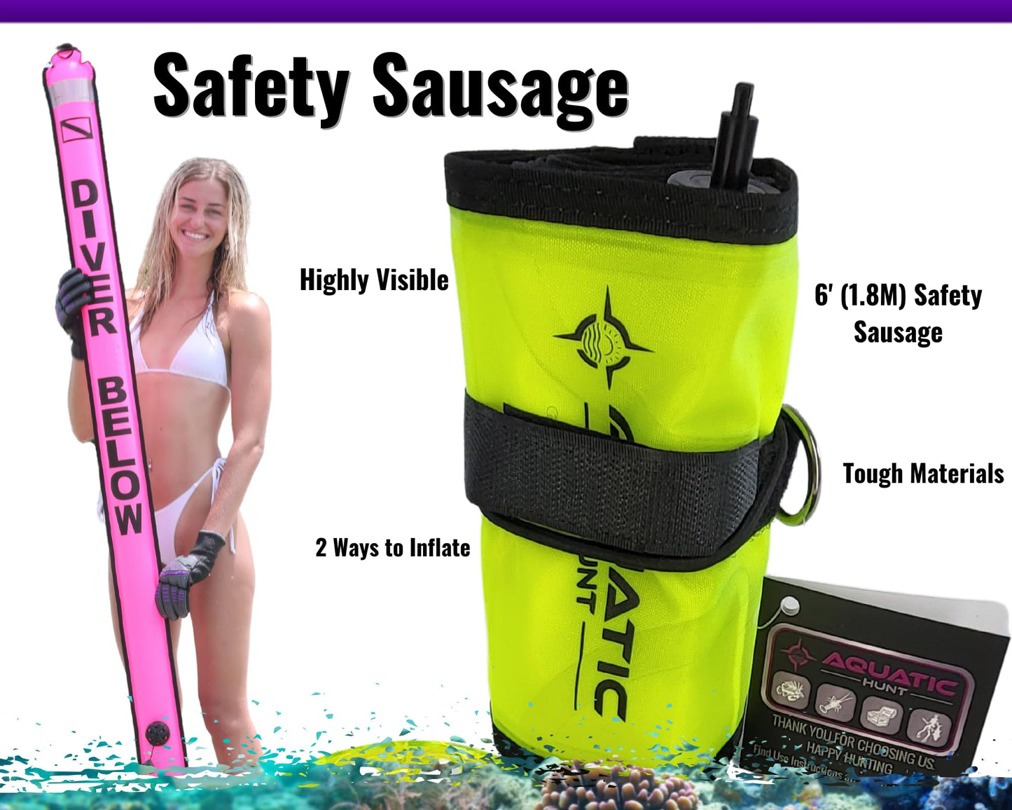 Aquatic Hunt 6ft Safety Sausage/Surface Marker Buoy (SMB) – 6ft x 6in High-Visibility Buoy with Reflective Tape, Easy Empty Dump Valve, 2-Way Fill, 20 lb Lift Capacity (Yellow)