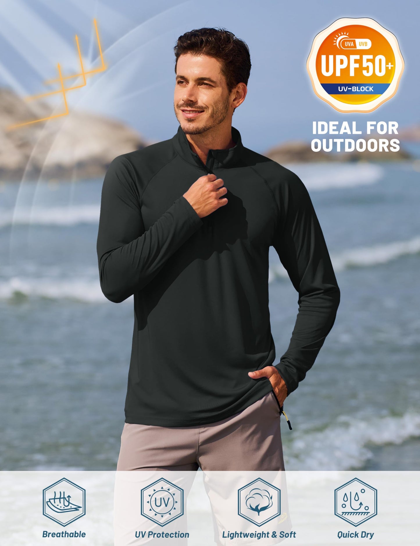 TACVASEN Athletic Shirts Long Sleeve 1/4 Zip for Men Quick Dry Fit Golf Shirts Workout UV Sun Protection Sports Running T-Shirts Black L