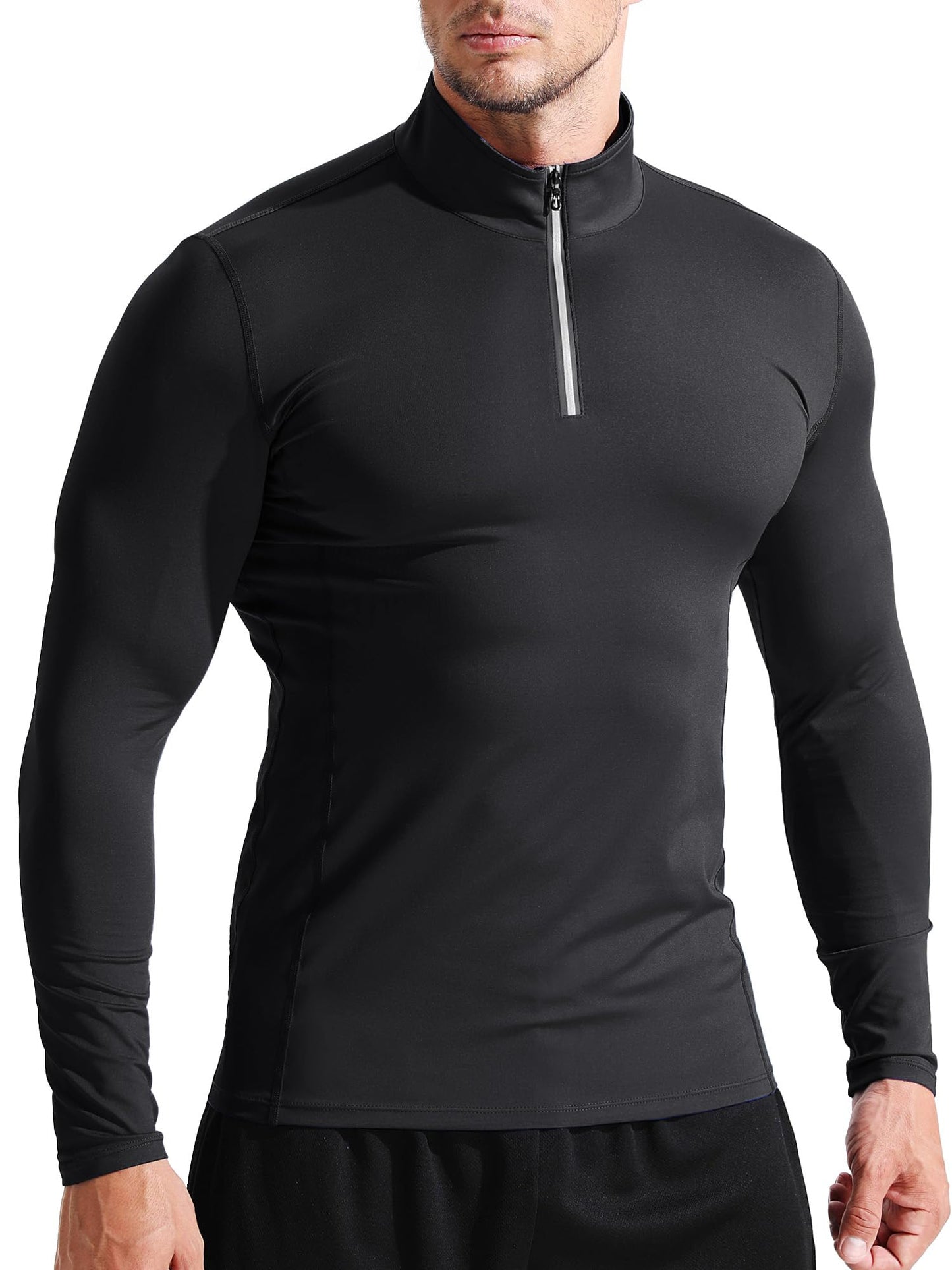NELEUS Men's Compression Shirts 1/4 Zip Pullover Long Sleeved Running Shirts 3 Pack,5086,Black/Grey/White,L