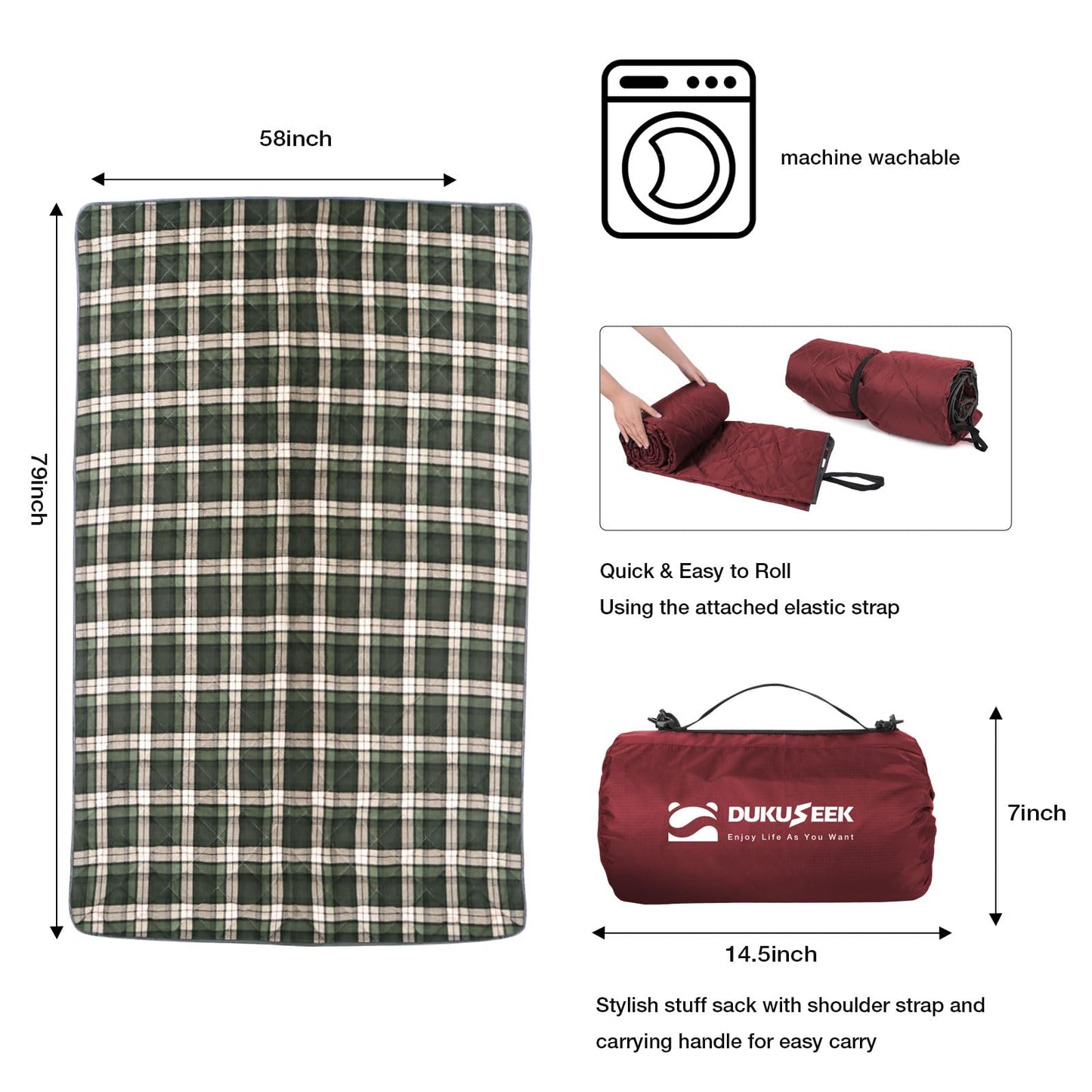 DUKUSEEK Waterproof Camping Blanket with Super Thick Fleece Lining, Large Outdoor Blanket Windproof with Foldable Hood for Camping Stadium Sporting Events,79"x 58"