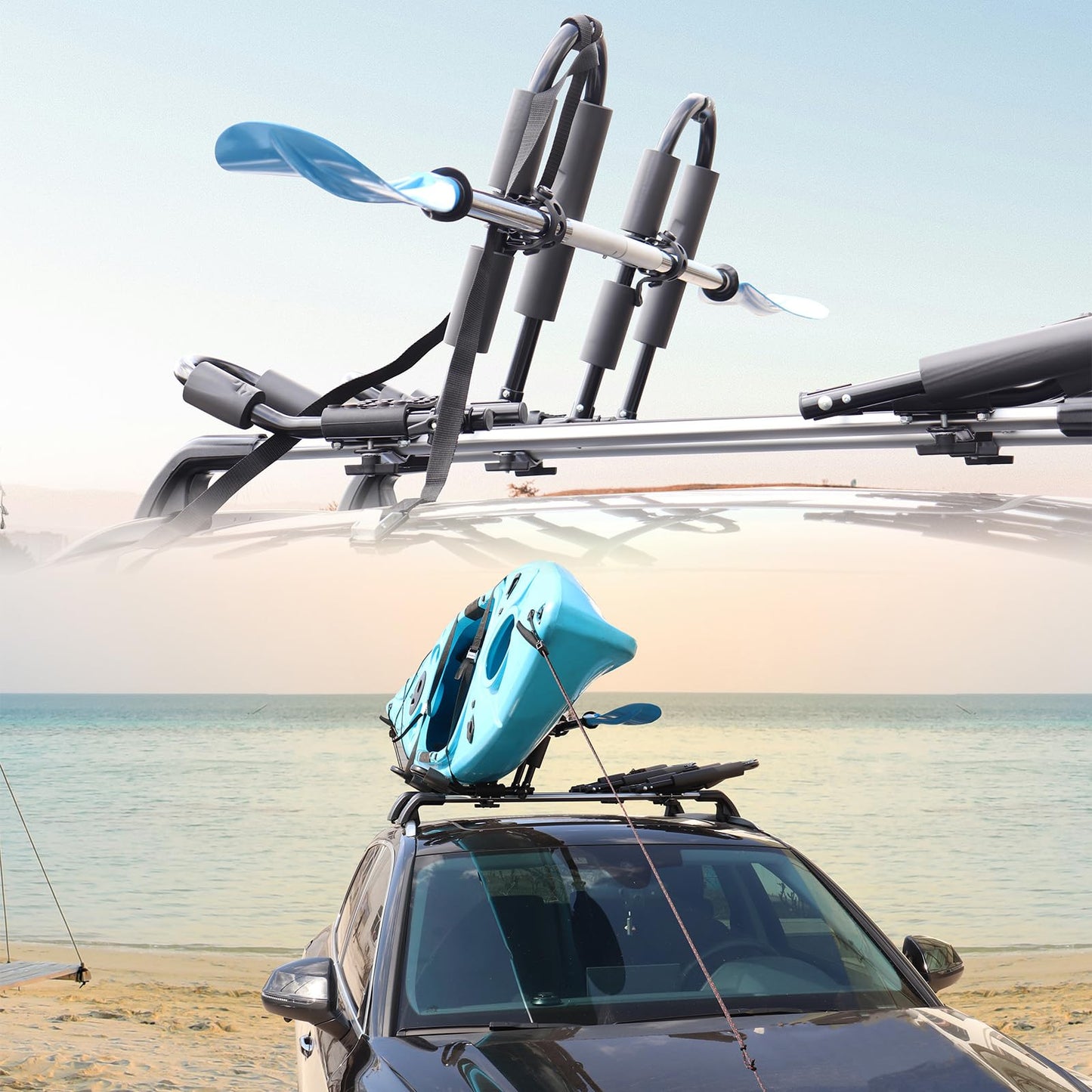 FORWODE Premium Kayak Roof Rack, 2 Pair J-Bar Roof Rack, Folding Adjustable Rack, Heavy Duty Kayak Roof Carrier 2 Kayak, Canoe, SUV, Surfboard on SUV, Car and Truck Crossbar (4 pcs)