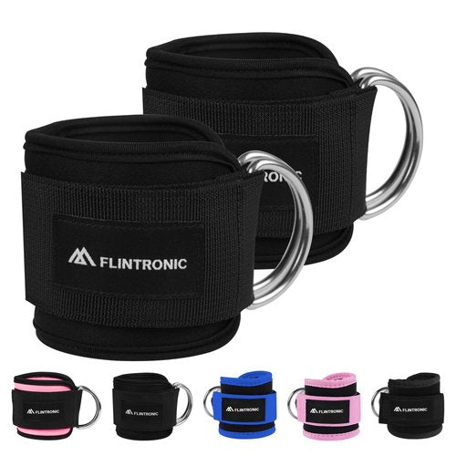 flintronic Ankle Straps for Cable Machine, Gym Cuffs with Double Stainless Steel D-Ring, Gym Ankle Cuff with Adjustable Neoprene Ve-lcro, Muscle Shaping for Men and Women - Black