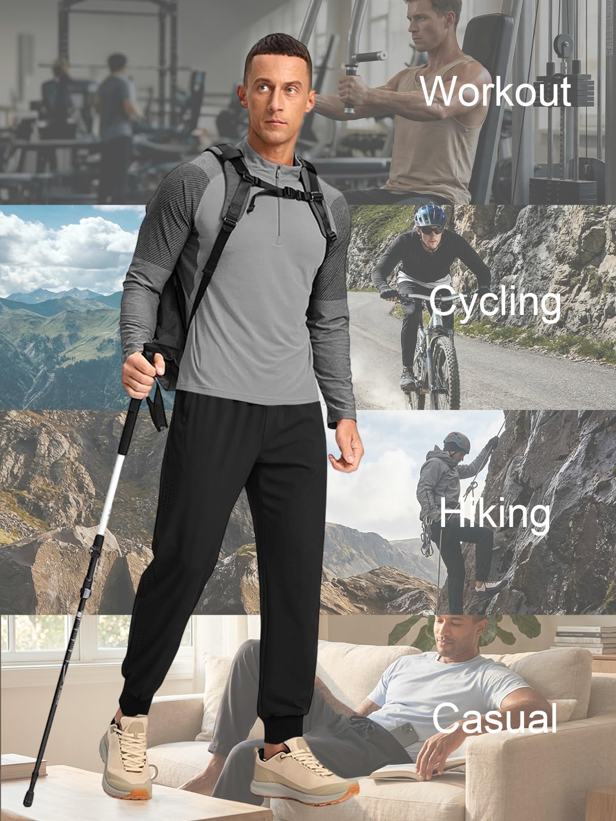 Auxo Men's Workout Pants with Zipper Pockets Tapered Breathable Sweatpants for Casual Gym Running Jogger Track Pants Black S