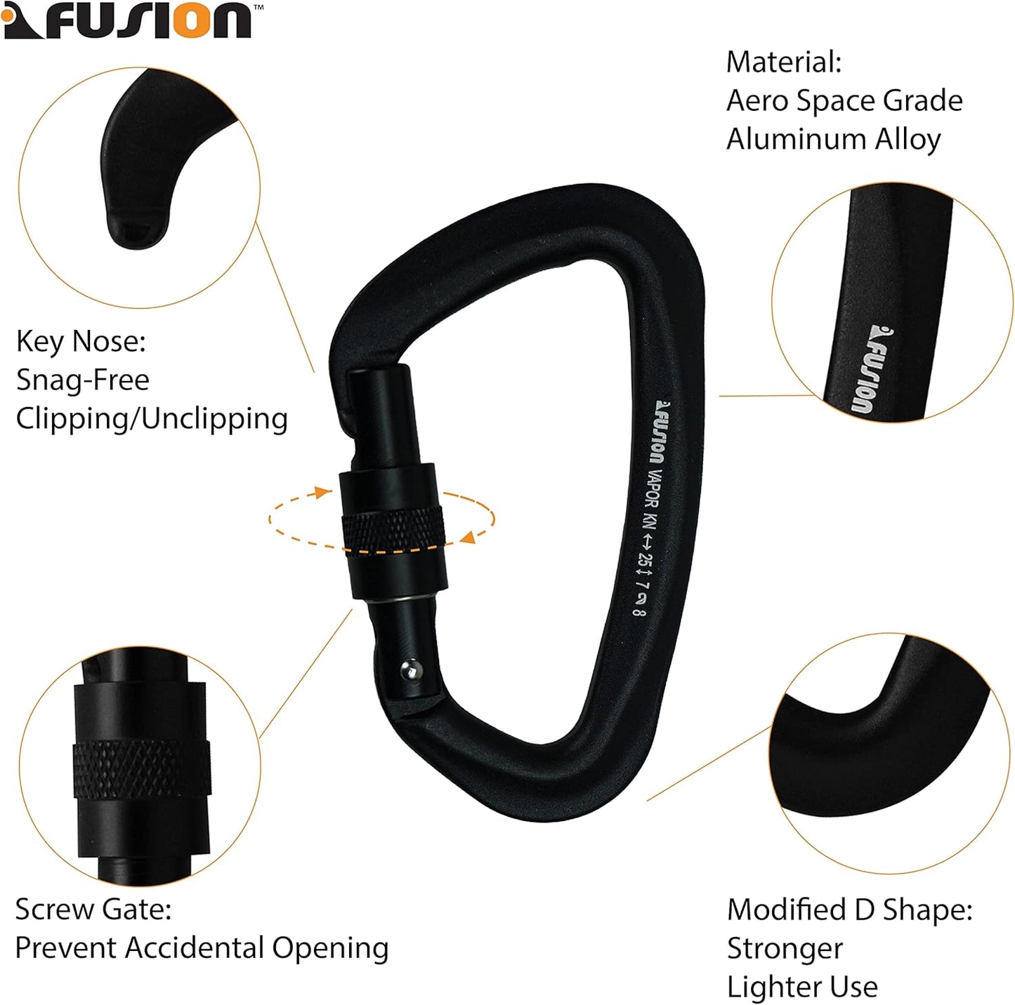 FUSION Climb Vapor III Military Tactical Matte Edition Aluminum Straight Gate Key Nose Modified D Carabiner Black, Hunting Carabiner (FP-8122-3ST-BLK)