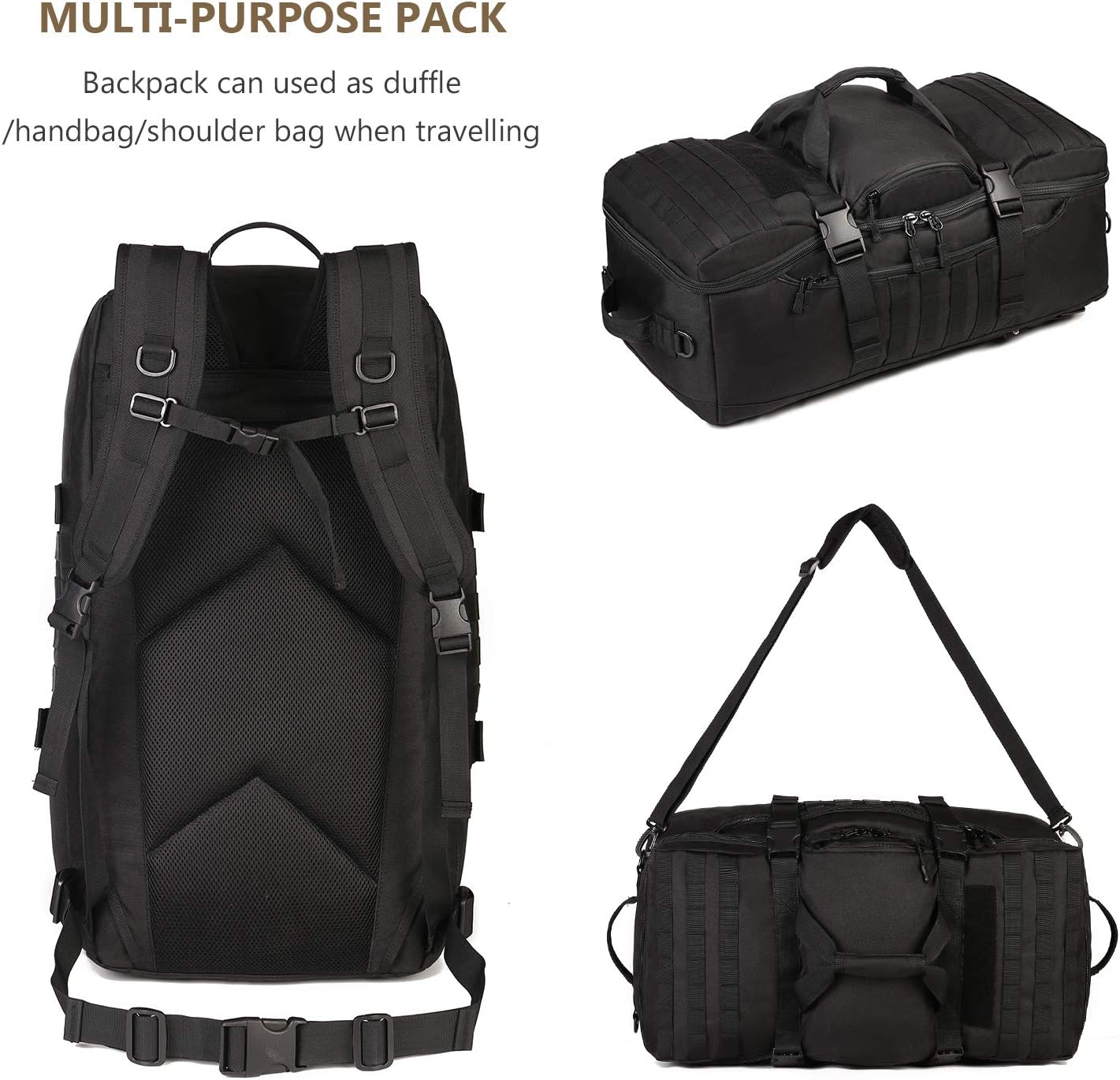ArcEnCiel60L Outdoor Tactical Duffel Backpack Military Waterproof Suitcase Sport Luggage Hiking Camping Bag（Rain Cover+Patch）