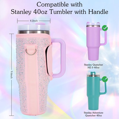 Bling Water Bottle Carrier Bag for Stanley 40oz Tumbler, Bling Rhinestone Water Cup Holder with Adjustable Strap for 40oz Stanley Cup Accessories Gifts (Pink Bling)