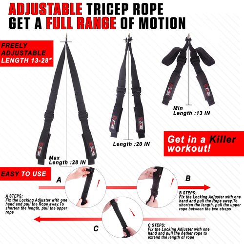 Tricep Rope Adjustable Cable Attachment (13-28 inches),Tricep Pull Down Rope Extension Straps Cable Crossover Accessories (Adjustable Length