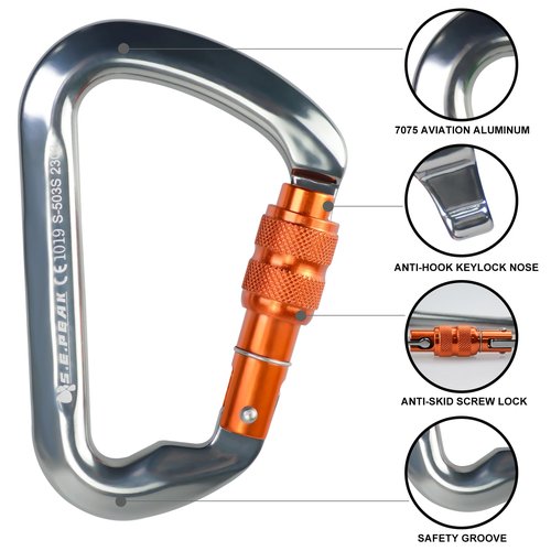SEPEAK UIAA CE 30kN Locking Climbing Carabiner, Professional Heavy Duty Screwgate Clip for Outdoor Climbing, Mountaineering, Rappelling, Camping, Hiking, Swing,Large D Carabiner Hook/6744lb,4pc,Orange