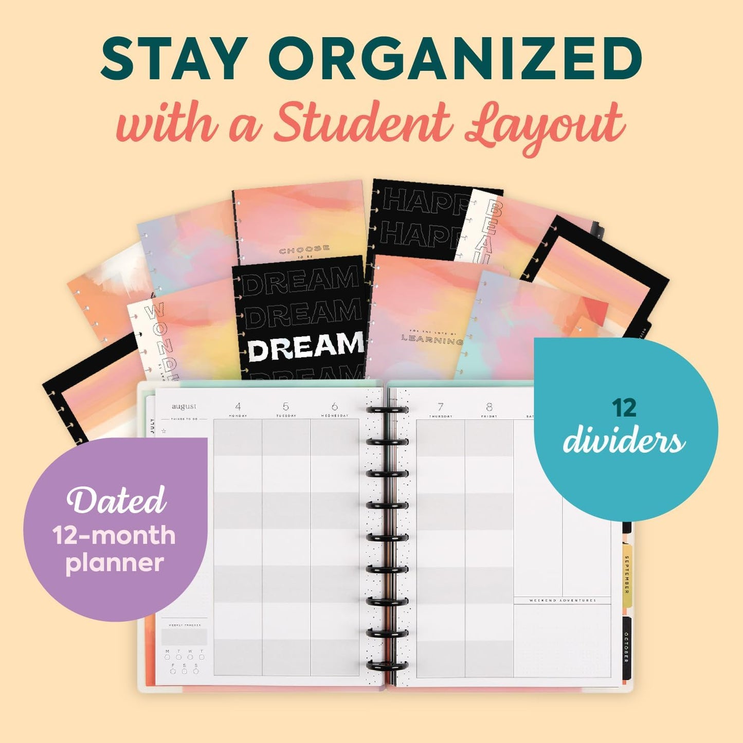 Happy Planner Disc-Bound 12-Month July 2025–June 2026 Planner with 3 Extra Months, Classic Size, Teacher Layout, Teacher Notes, 7" x 9.25”