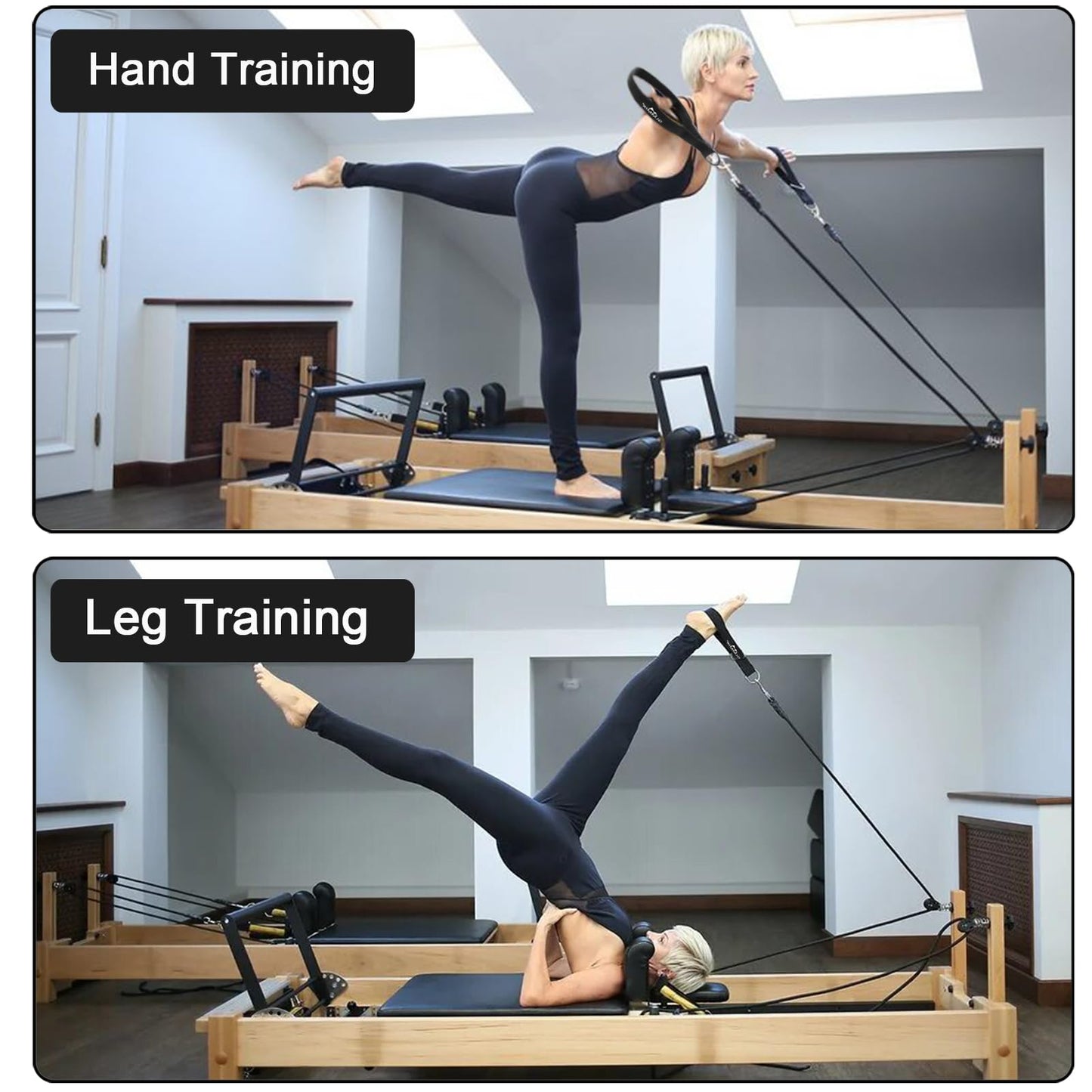 GLMMIR Pilates Double Loop Straps for Pilates Reformer, Fitness Metal D Ring Straps Handle, Pilate Accessories Yoga Wristbands Exercise Straps for Gym Home Workout 2PCS - Black with Handle