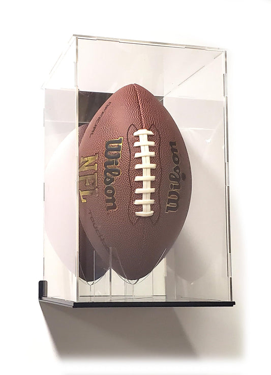 Full Size Football Acrylic Display Case Box Gold Mirror Field Showcase Shoes UV Protection 15x9x8 (Wall Mount Brackets)