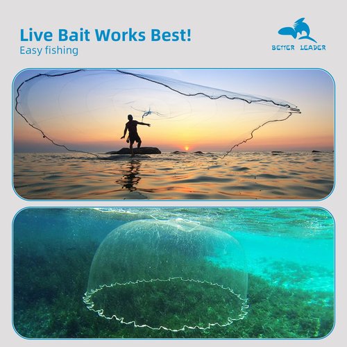 Handmade American Saltwater Fishing Cast Net, BETTER LEADER Fish Net for Bait Trap 3/4/5/6/8 FT Radius with Heavy Duty Real Zinc Sinker Weights Fishing Net for Freshwater and Saltwater