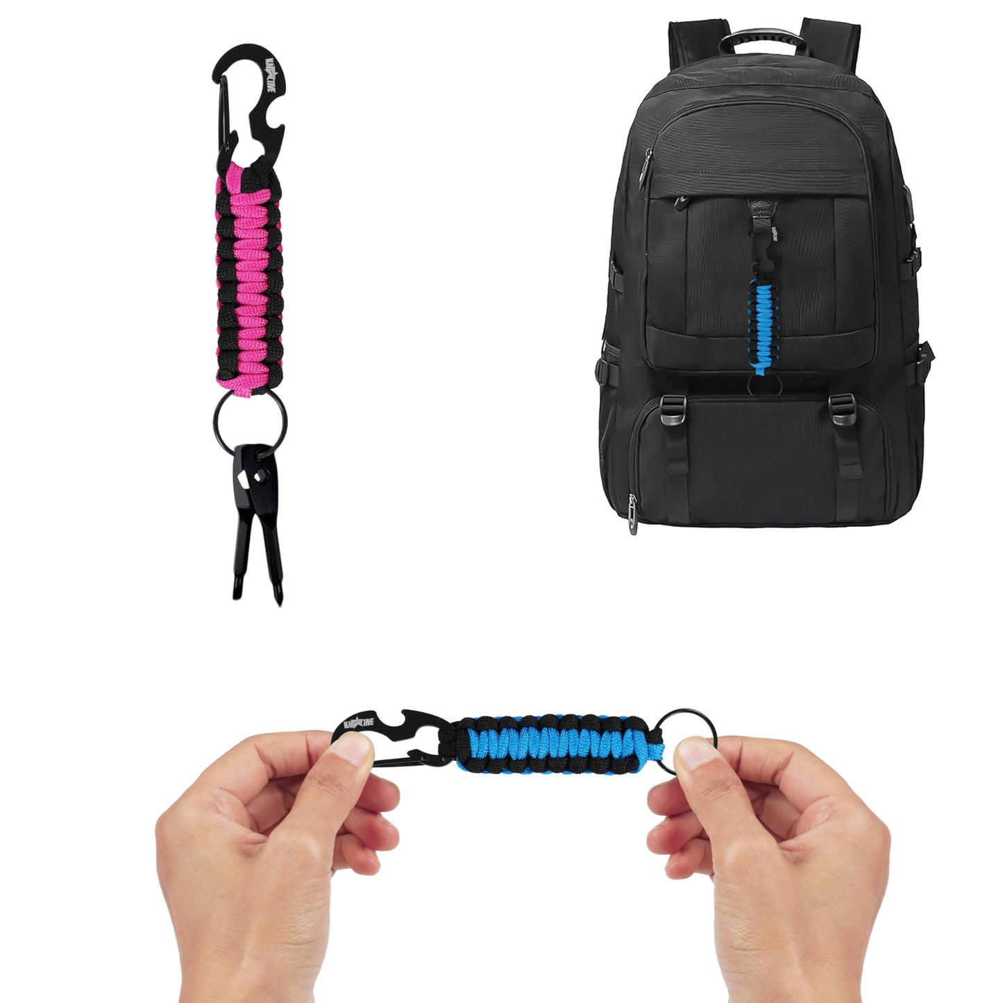 Kadactive Paracord Keychain Bottle opener - 2Pcs Carabiner Keychains for Backpack, Camping, Survival. Paracord Key Chains Men Woman Black-Pink LightBlue