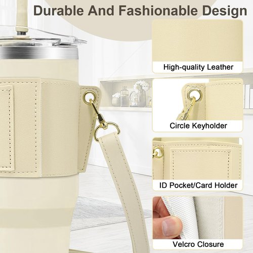 XHGWJSX Water Bottle Holder for Stanley Tumbler with Handle, Leather Carrier Strap for 40 oz 30 oz Stanley Cup Accessories, Water Bottle Carrier with Adjustable Strap, Card Holder, Keyring (White)