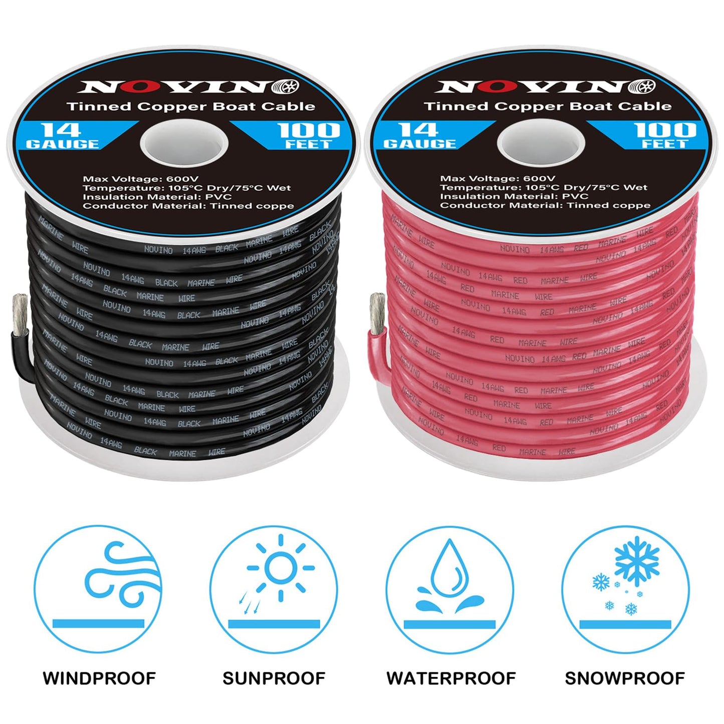 14 Gauge Marine Wire Include 14 AWG 100FT Red & 100FT Black,14 Gauge Marine Grade Wire Tinned Copper Oxygen-Free Boat Electrical Cable for Automotive RV Camper Outdoor Use