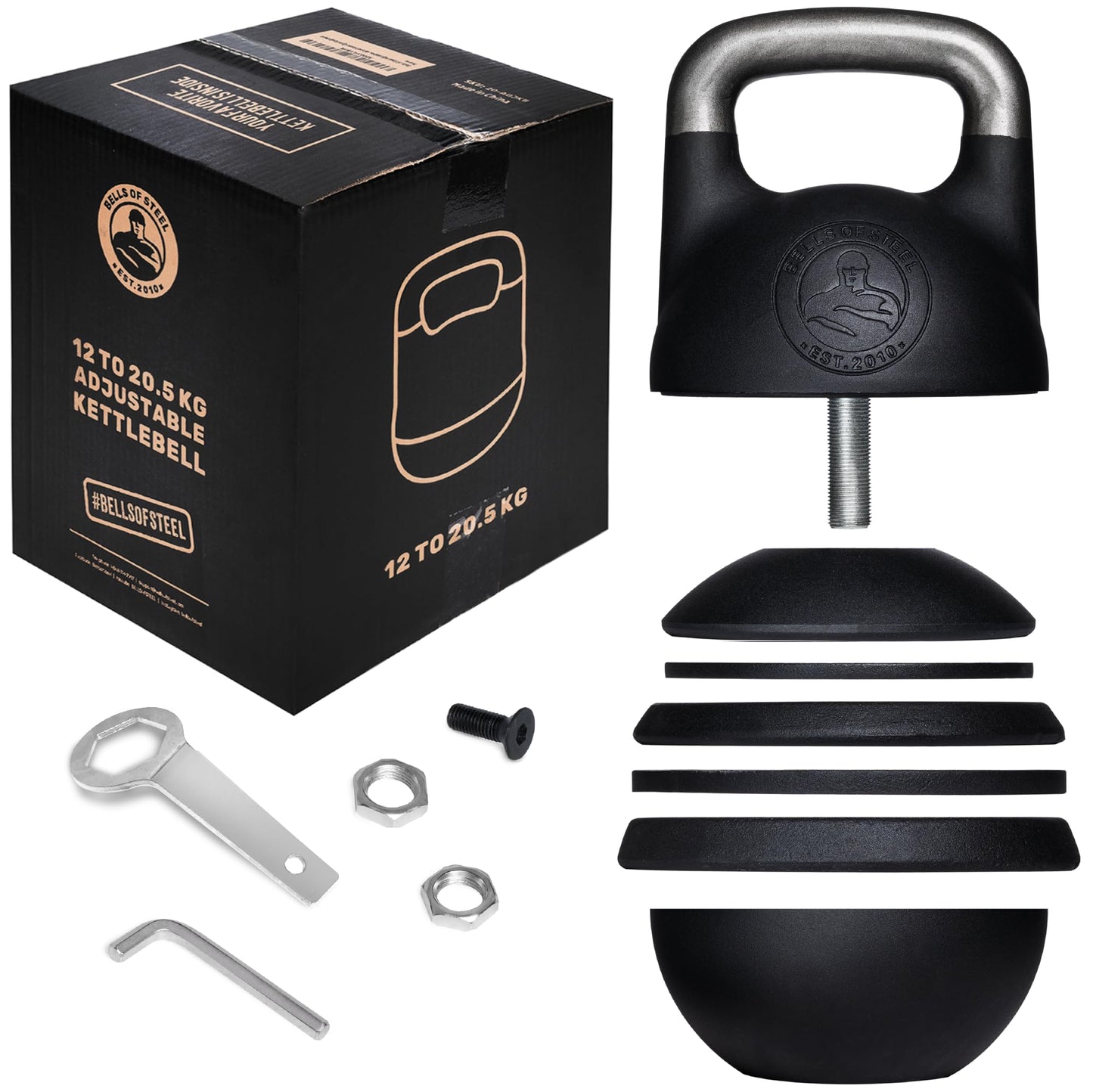 Adjustable Kettlebell Set [Bells of Steel] Kettle Bell Weight Set, Steel Shell, Internally-Loaded for Full Body Workouts, Competition Standard 35mm Handle, 12-20.5kg