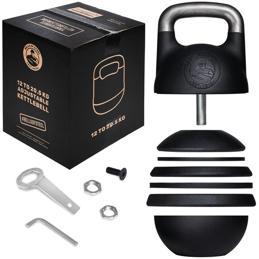Adjustable Kettlebell Set [Bells of Steel] Kettle Bell Weight Set, Steel Shell, Internally-Loaded for Full Body Workouts, Competition Standard 35mm Handle, 12-20.5kg