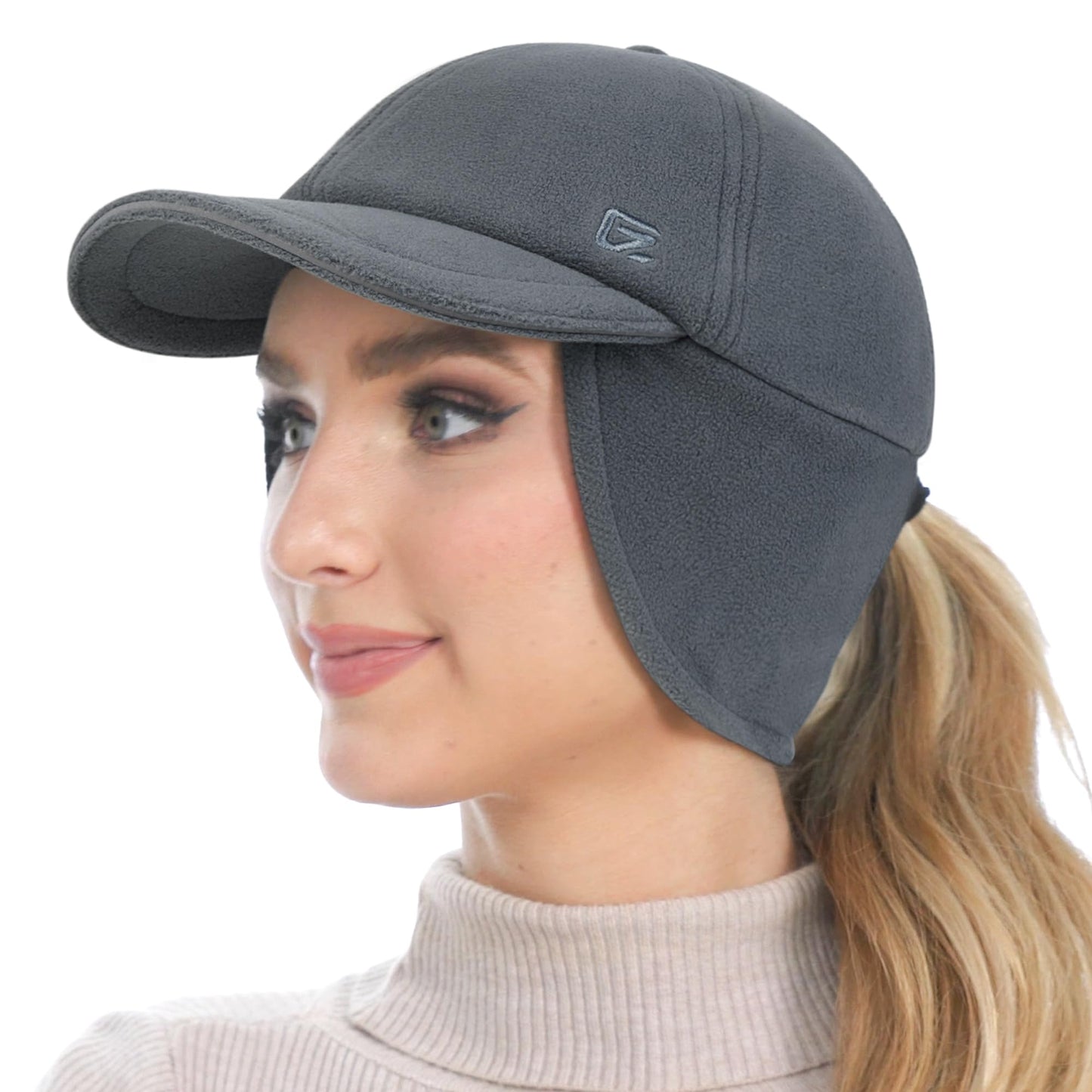 GADIEMKENSD Fleece Winter Hats for Women Reflective Ponytail Hat with Ear Flap Drop Down Ear Warmer Visor Beanie Double Ponytails Hole Baseball Cap for Running Skiing Hiking Dark Grey