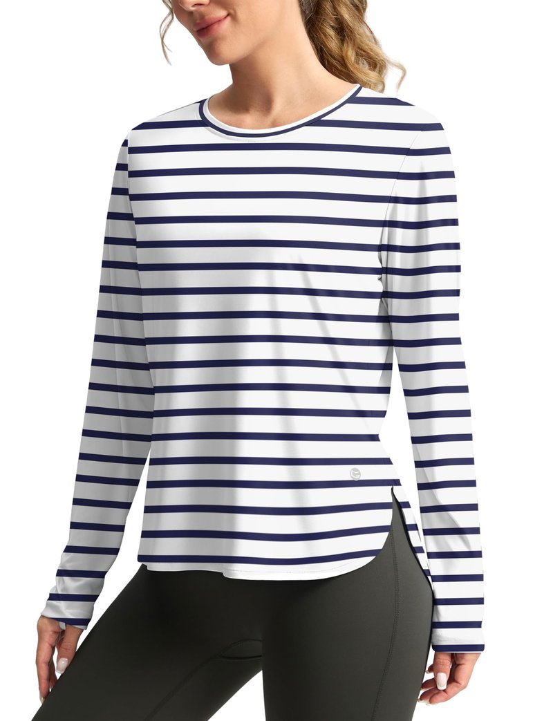 Women's Sun Shirts UPF 50+ Long Sleeve UV Protection Shirt Lightweight Quick Dry Workout Hiking Tops for Women(White/Deep Sea Stripe,S)